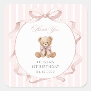 Teddy Bear, Pink Bow, Pink Stripes, First Birthday Square Sticker