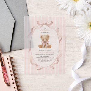 Teddy Bear, Pink Bow, Pink Stripes, First Birthday Vellum Invitations
