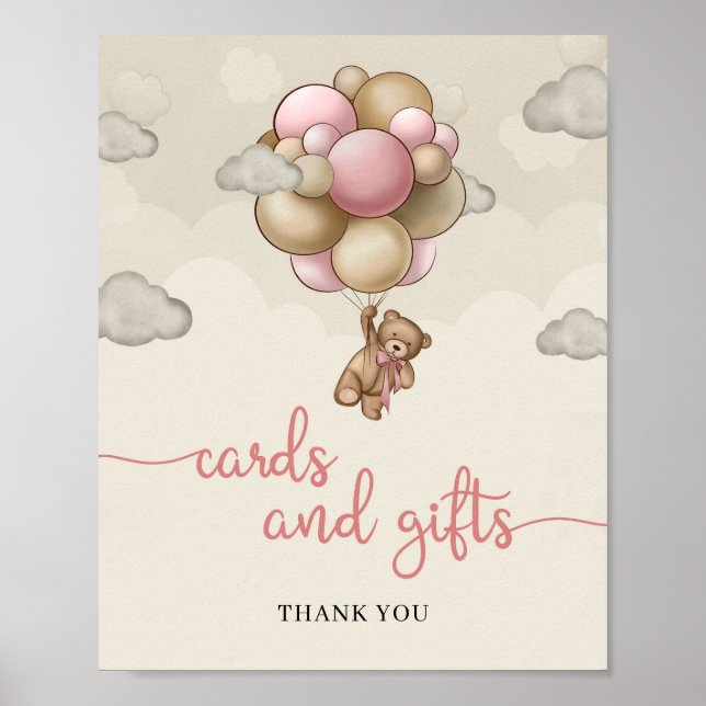 Teddy bear pink brown balloon cards and gifts sign (Front)