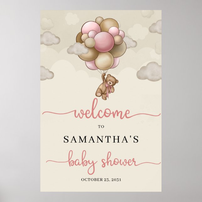 Teddy bear pink brown balloons baby Welcome Sign (Front)
