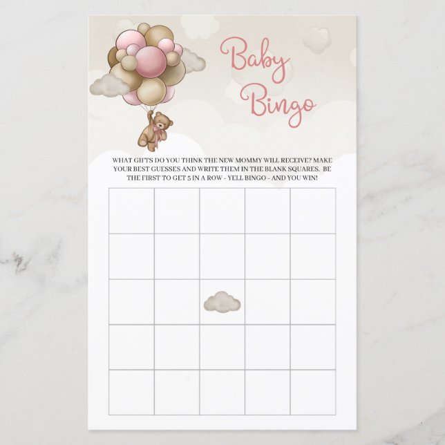 Teddy bear pink brown balloons girl baby bingo (Front)