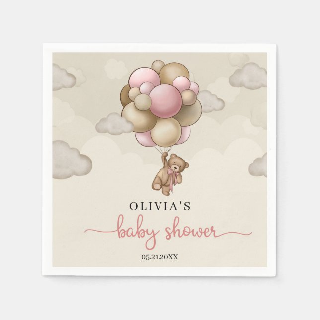 Teddy bear pink brown balloons girl Baby Shower Napkin (Front)