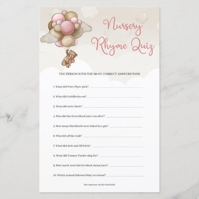 Teddy bear pink brown balloons Nursery Rhyme Quiz (Front)