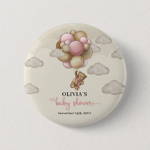 Teddy bear pink brown ivory balloons baby shower 6 cm round badge