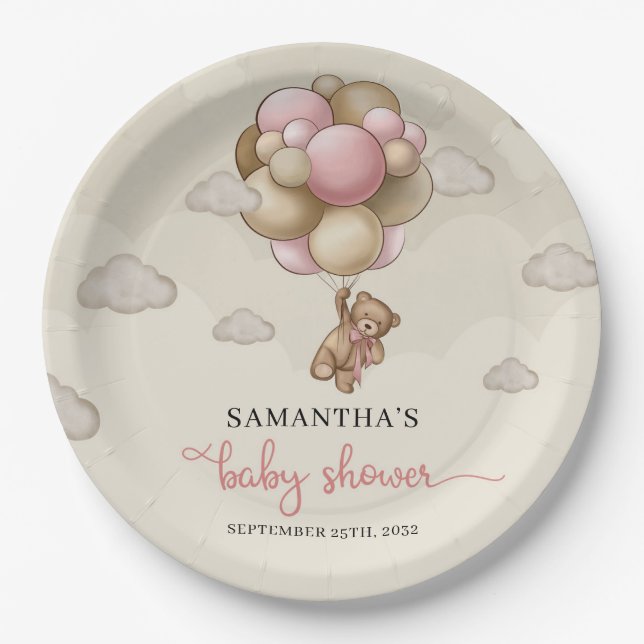Teddy bear pink brown ivory balloons baby shower paper plate (Front)