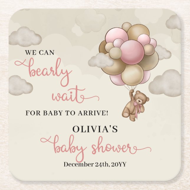 Teddy bear pink brown ivory balloons baby shower square paper coaster (Front)