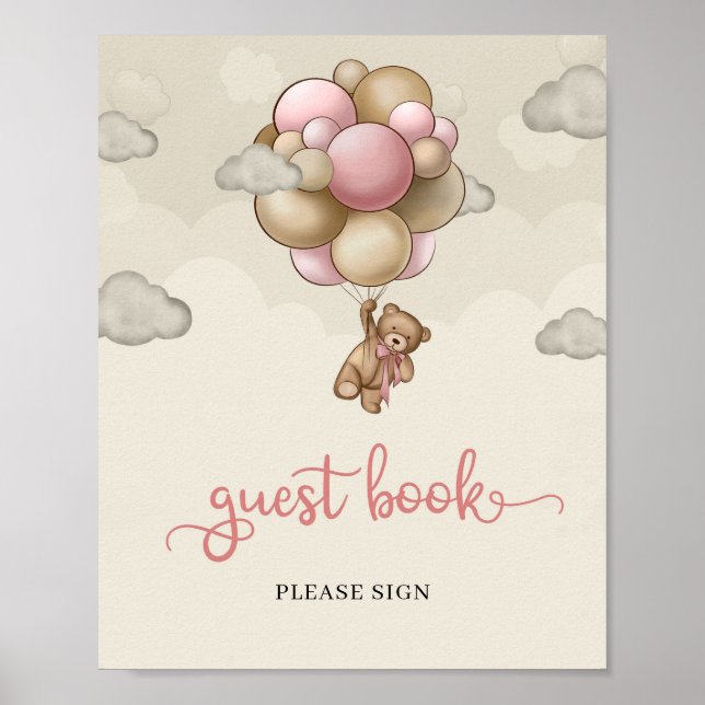 Teddy bear pink brown ivory balloons guest book (Front)