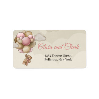 Teddy bear pink brown ivory hot air balloons  label
