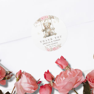 Teddy Bear Pink Floral Baby Shower Thank You Classic Round Sticker