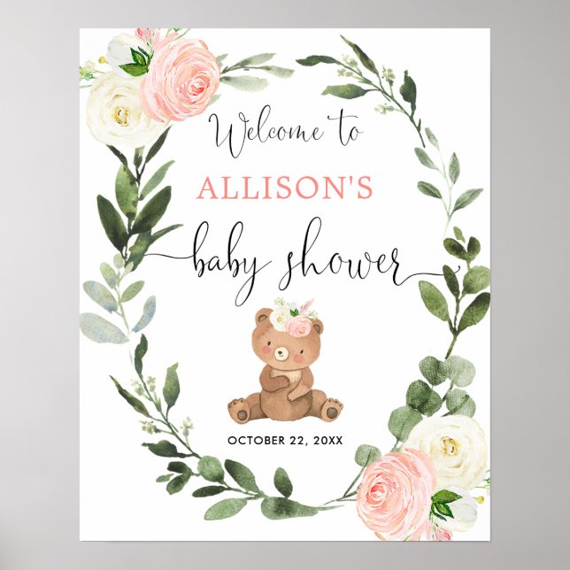 Teddy bear pink floral baby shower welcome sign (Front)