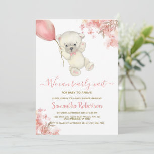 Teddy Bear Pink Floral Balloon Girl Baby Shower Invitation