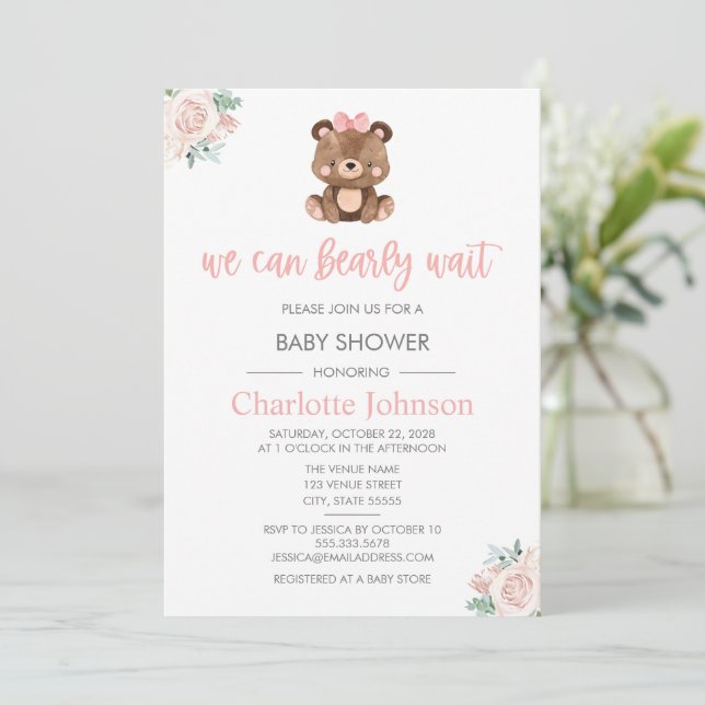 Teddy Bear Pink Floral Girl Baby Shower Invitation (Standing Front)