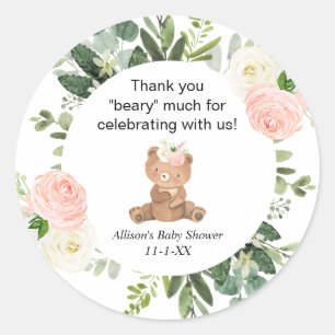 Teddy bear pink floral girl baby shower thank you classic round sticker