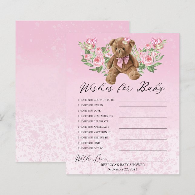 Teddy Bear Pink Floral Wishes for Baby Game  (Front/Back)