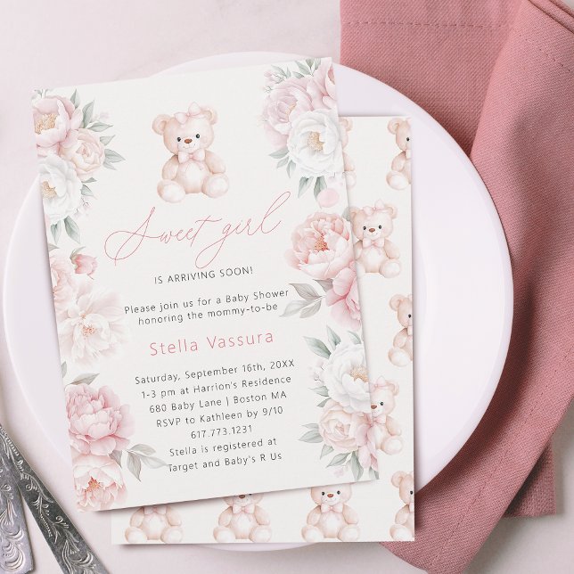 Teddy Bear Pink Flowers Girl Baby Shower Invitation (Teddy Bear Pink Flowers Girl Baby Shower Invitation)