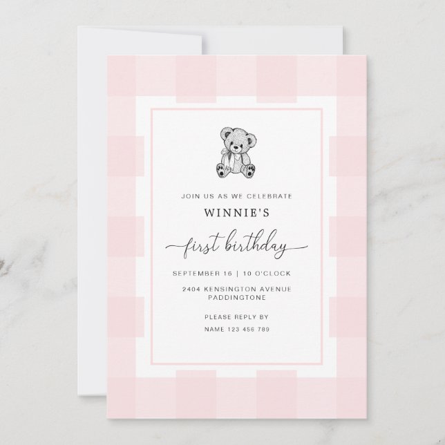 Teddy Bear Pink Gingham 1st Birthday Invitation (Front)
