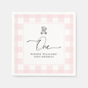 Teddy Bear Pink Gingham 1st Birthday Napkins