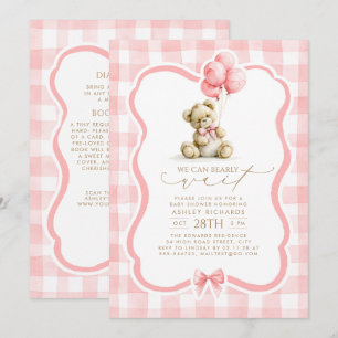Teddy Bear Pink Gingham All In One Baby Shower Invitation