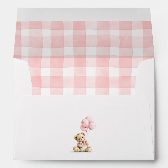 Teddy Bear Pink Gingham Check Pattern Envelope (Back (Bottom))