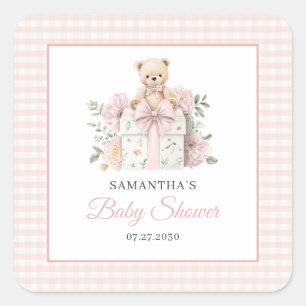 Teddy Bear Pink Gingham Floral Girl Baby Shower Square Sticker