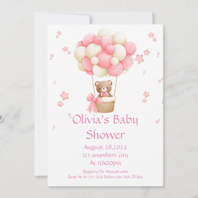 Teddy bear pink girl baby shower invitation  (Front)