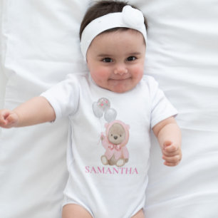 Teddy Bear Pink Girl's Personalised  Baby Bodysuit