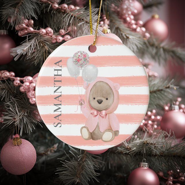 Teddy Bear Pink Girl's Personalised Baby Gift  Ceramic Tree Decoration (Creator Uploaded)