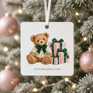 Teddy Bear Pink Green Personalised Christmas Photo Metal Tree Decoration