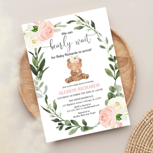 Teddy Bear pink greenery floral girl baby shower Invitation (Creator Uploaded)