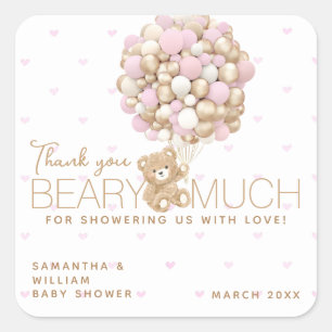 Teddy Bear Pink Heart & Balloon Baby Girl Shower Square Sticker