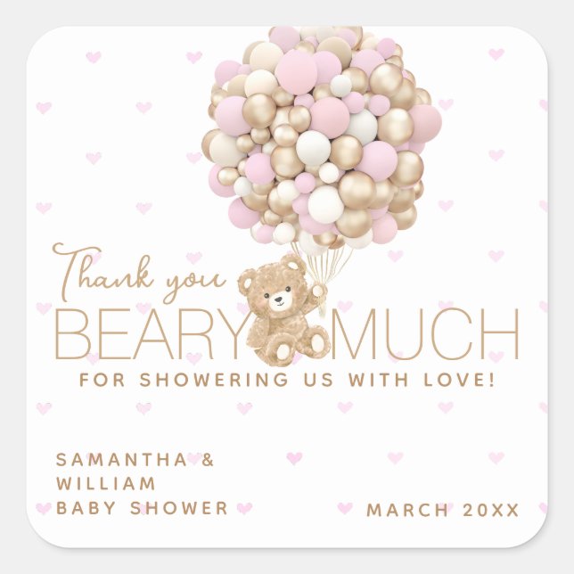 Teddy Bear Pink Heart & Balloon Baby Girl Shower Square Sticker (Front)