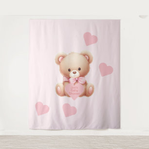 Teddy Bear Pink Hearts Tapestry Backdrop