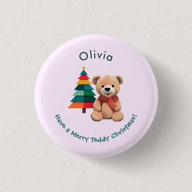 Teddy Bear Pink Holiday Badge Merry Christmas (Front)