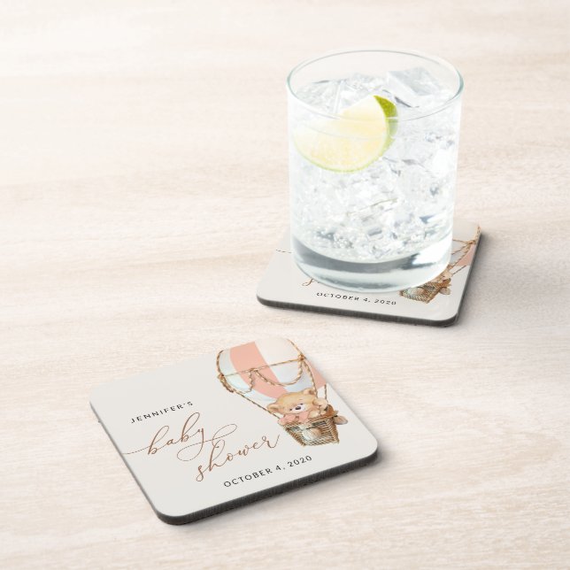 Teddy Bear, Pink Hot Air Balloon, Baby Shower Coaster (Right Side)