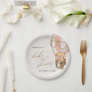 Teddy Bear, Pink Hot Air Balloon, Baby Shower Paper Plate