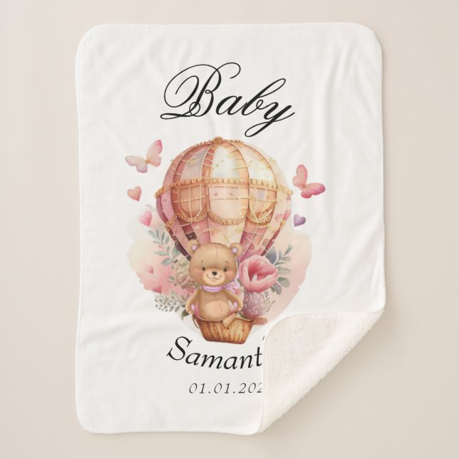 Teddy Bear Pink Hot Air Balloon Baby Shower Sherpa Blanket (Front)