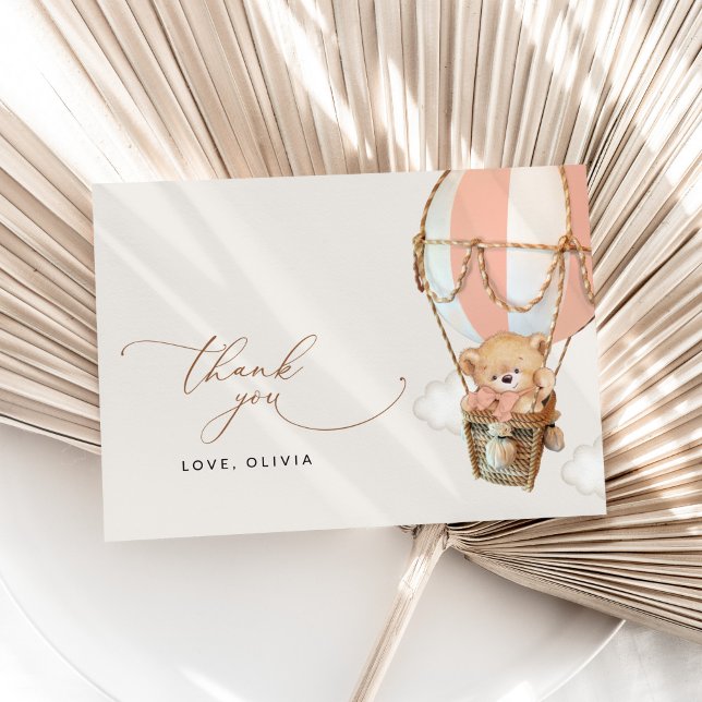 Teddy Bear, Pink Hot Air Balloon, Baby Shower Thank You Card (Creator Uploaded)