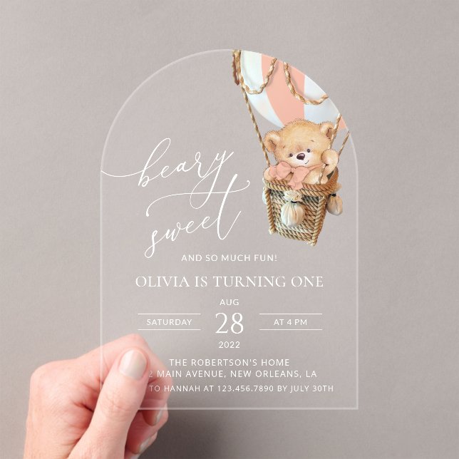 Teddy Bear, Pink Hot Air Balloon, First Birthday Acrylic Invitations (Insitu (Handheld))