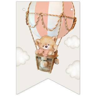 Teddy Bear, Pink Hot Air Balloon, First Birthday Bunting