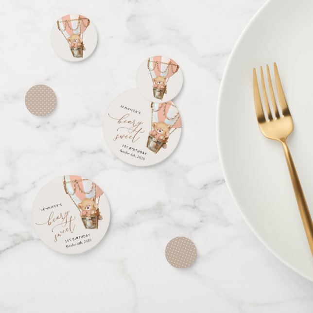 Teddy Bear, Pink Hot Air Balloon, First Birthday Confetti (Group)