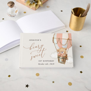 Teddy Bear, Pink Hot Air Balloon, First Birthday Guest Book