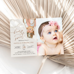 Teddy Bear, Pink Hot Air Balloon, First Birthday Invitation