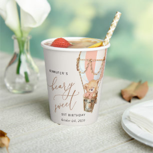 Teddy Bear, Pink Hot Air Balloon, First Birthday Paper Cups