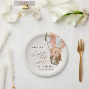 Teddy Bear, Pink Hot Air Balloon, First Birthday Paper Plate