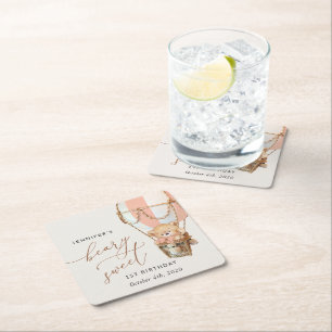 Teddy Bear, Pink Hot Air Balloon, First Birthday Square Paper Coaster