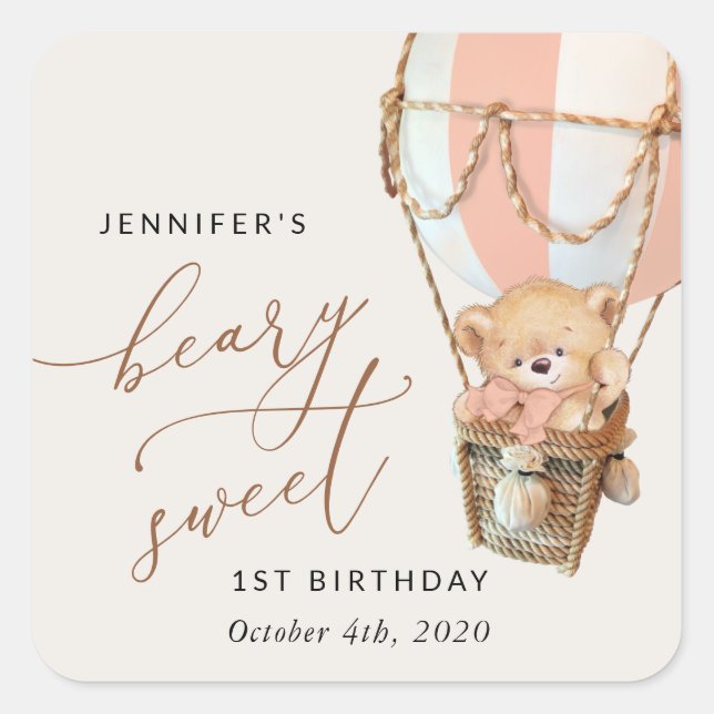 Teddy Bear, Pink Hot Air Balloon, First Birthday Square Sticker (Front)