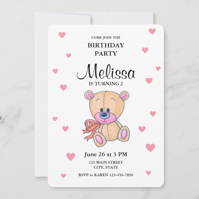 Teddy Bear Pink Little Girl Birthday Party Invitation (Front)