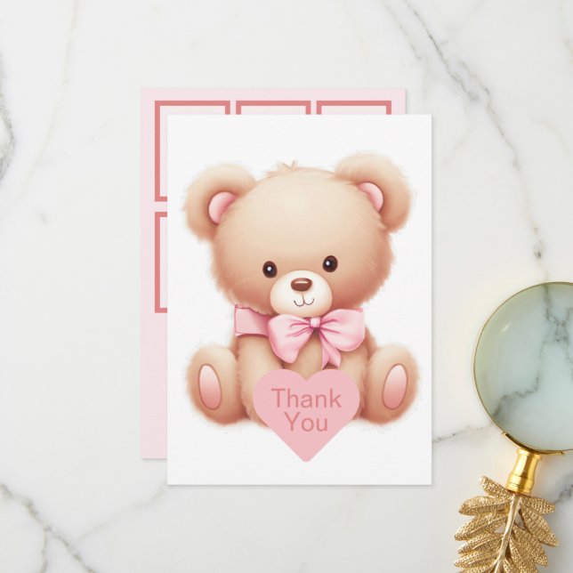 Teddy Bear Pink Photo Collage Thank You Card (Front/Back In Situ)