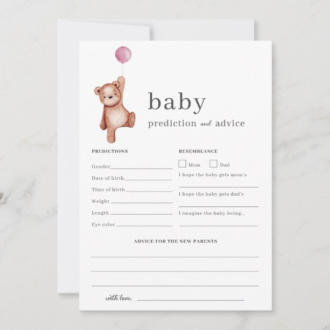 Teddy Bear Pink Prediction and Advice Baby Shower Invitation (Front)