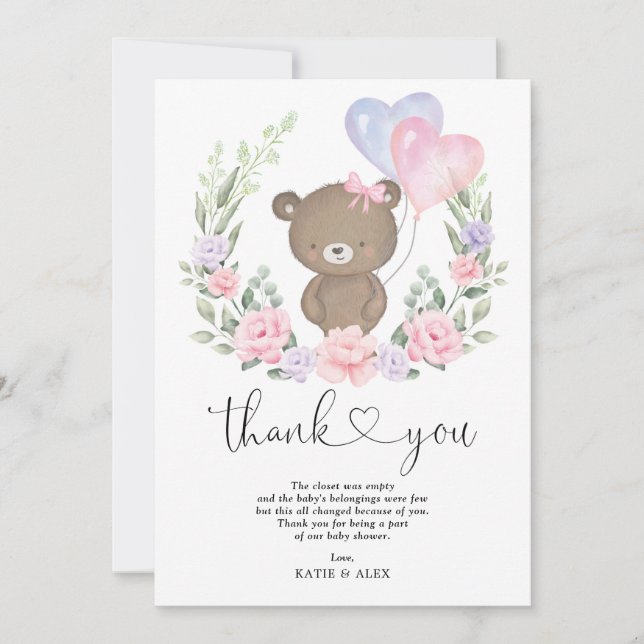 Teddy Bear Pink Purple Floral Balloons Baby Girl Thank You Card (Front)